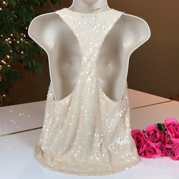 WISH CREAM COLORED SEQUIN TANK STYLE LOOSE TOP SM - Picture 8 of 8